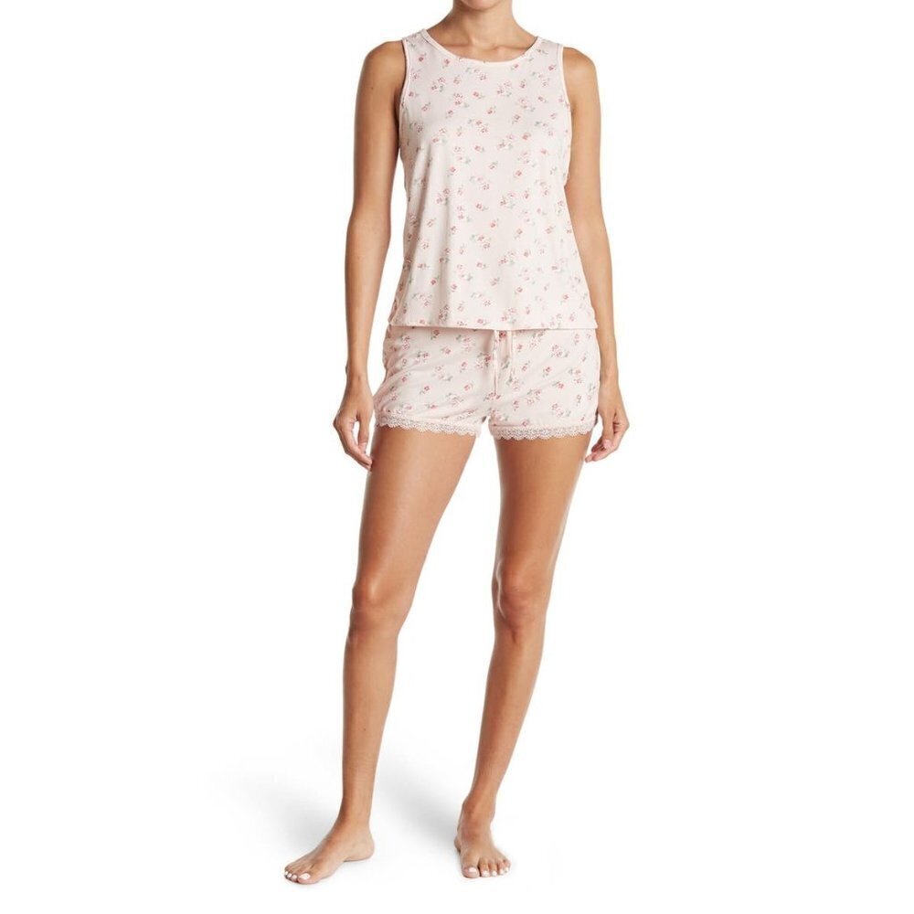 Flora Nikrooz Womens Pink Floral Print Pajamas Tank Top Shorts 2 Pc Set Sz L New